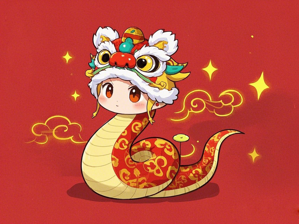 可爱的蛇宝宝，头上戴着一个年兽头套，红色背景，蛇身上有金色花纹，侧身，大眼睛看着镜头，萌，卡通拟人.jpeg