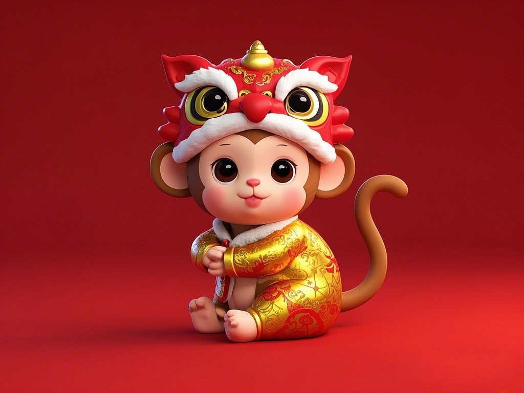可爱的猴宝宝，头上戴着一个年兽头套，红色，身上有金色花纹，大眼睛看着镜头，尾巴抱住身体，萌，卡通拟人.jpeg