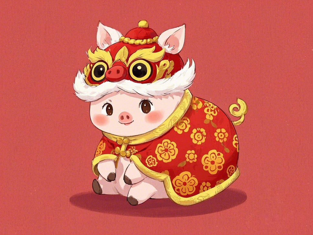 可爱的猪宝宝，头上戴着一个年兽头套，红色，身上有金色花纹，大眼睛看着镜头，尾巴抱住身体，萌，卡通拟人.jpeg